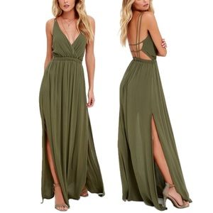 Lulus Lost in Paradise Olive Green Open Back Side Slit Maxi Dress Size Medium